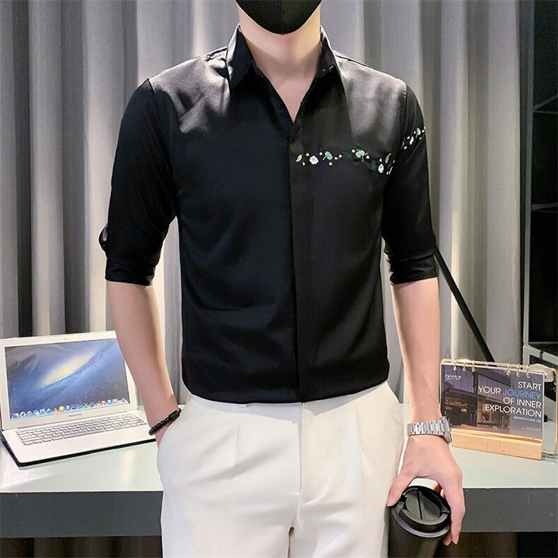 B2166505P502025夏装新款潮男刺绣中袖衬衫社会小伙风潮,男装衬衫,电商B216（原B302）