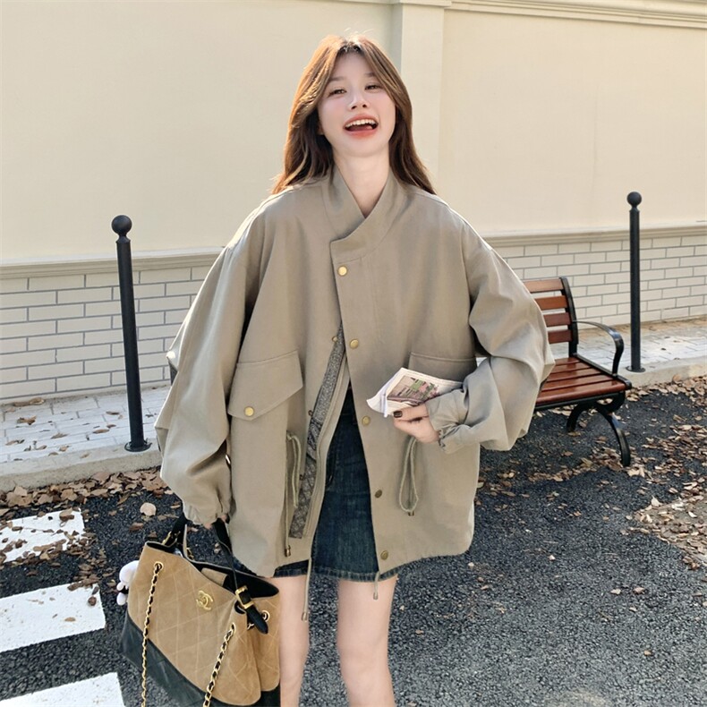 撞色拼接休闲廓形灰色外套女春秋2025新款小个子流行爆款百搭上衣,女装风衣,2C316