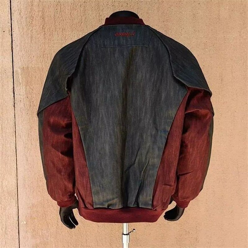 美式复古小众解构拼接皮衣外套男潮流街头痞帅撞色棒球服夹克上衣,男装皮衣,星座506A