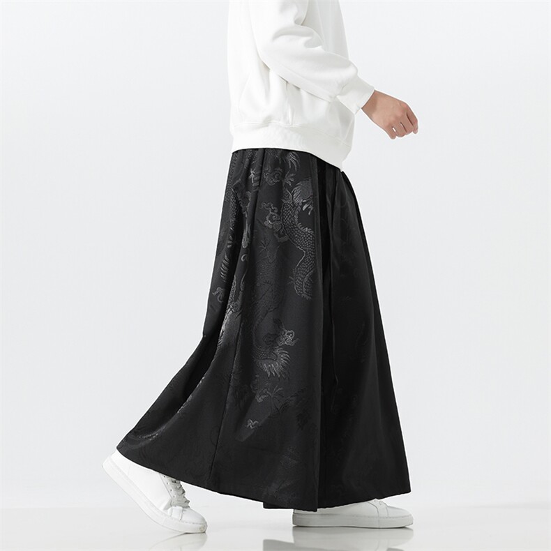 2025秋冬新中式马面裤汉服龙纹阔腿裤K375加厚P65-常规P55,男装民族服装,电商A057B