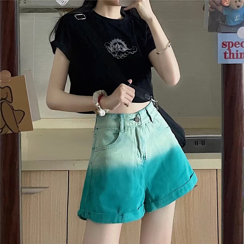 渐变色牛仔短裤女夏季薄款高腰显瘦直筒阔腿裤宽松热裤裤子ins潮图片