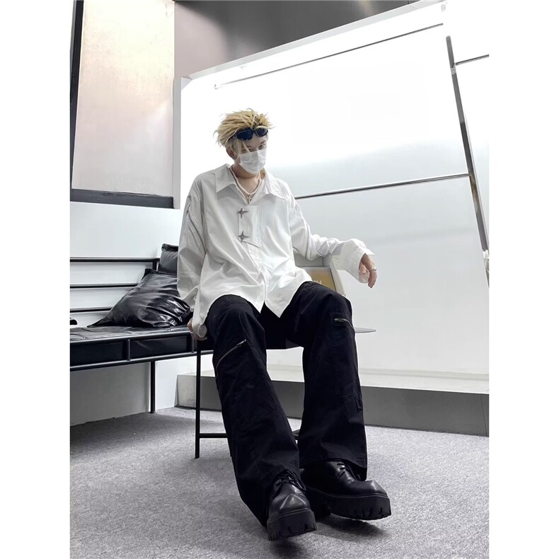 C689-P42小众金属拉链长袖衬衫男秋季美式高街痞帅宽松高级,男装T恤,电商B323A