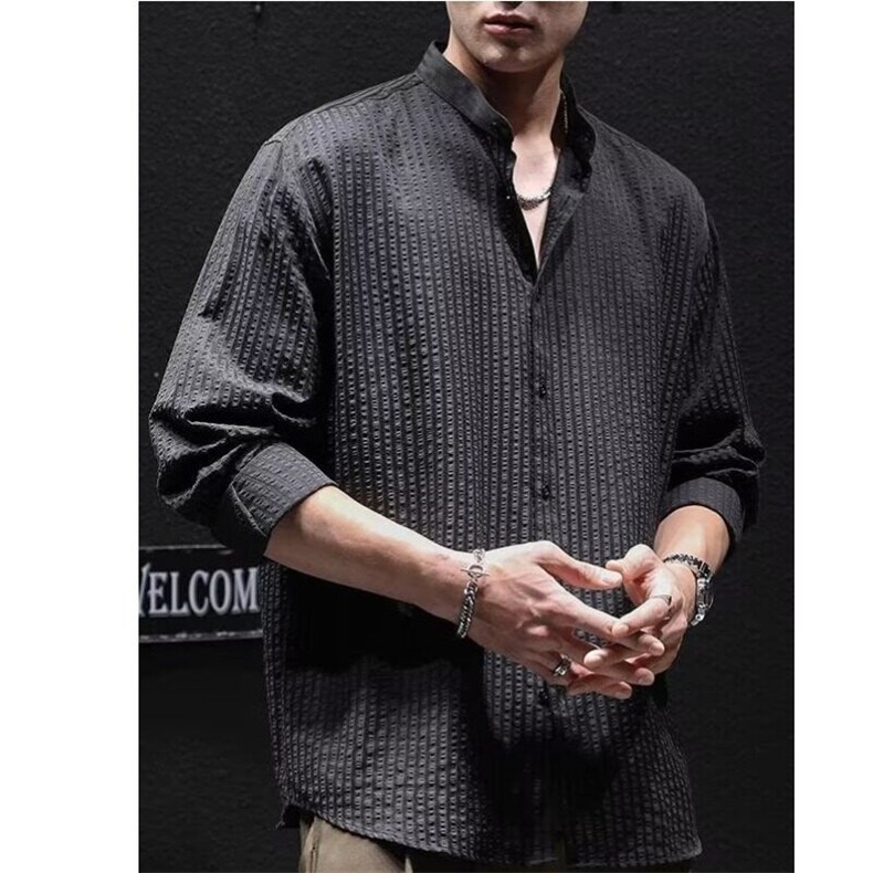 宽松型青少年纯色常规潮流泡泡纱长袖衬衫男春秋新款黑色潮文艺,男装衬衫,星座506A