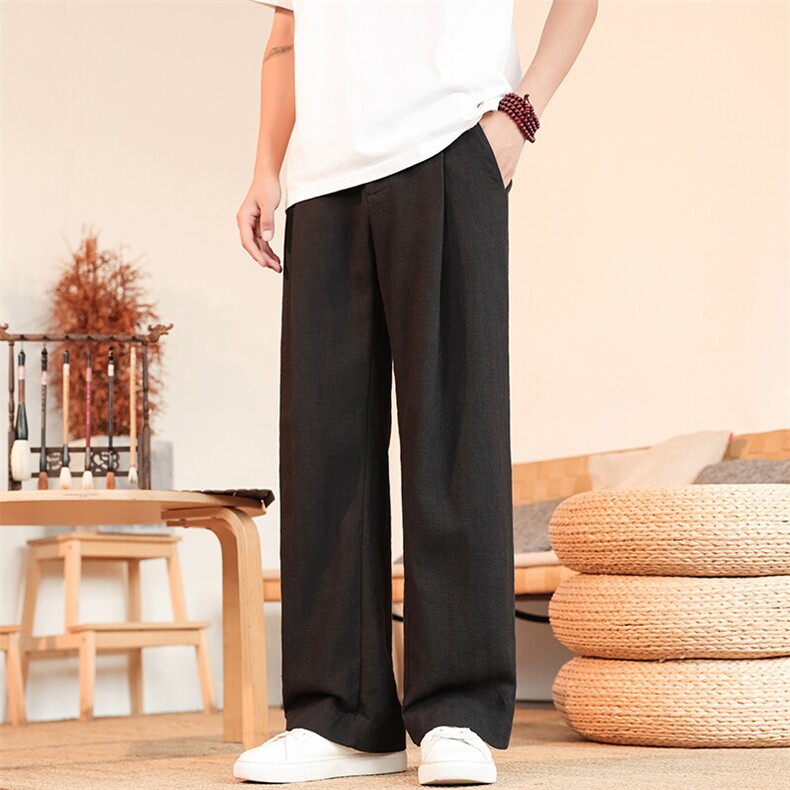 裤子亚麻西裤男士夏季宽松打褶慵懒风日系复古休闲长裤KZ069P65,男装西裤,电商B312