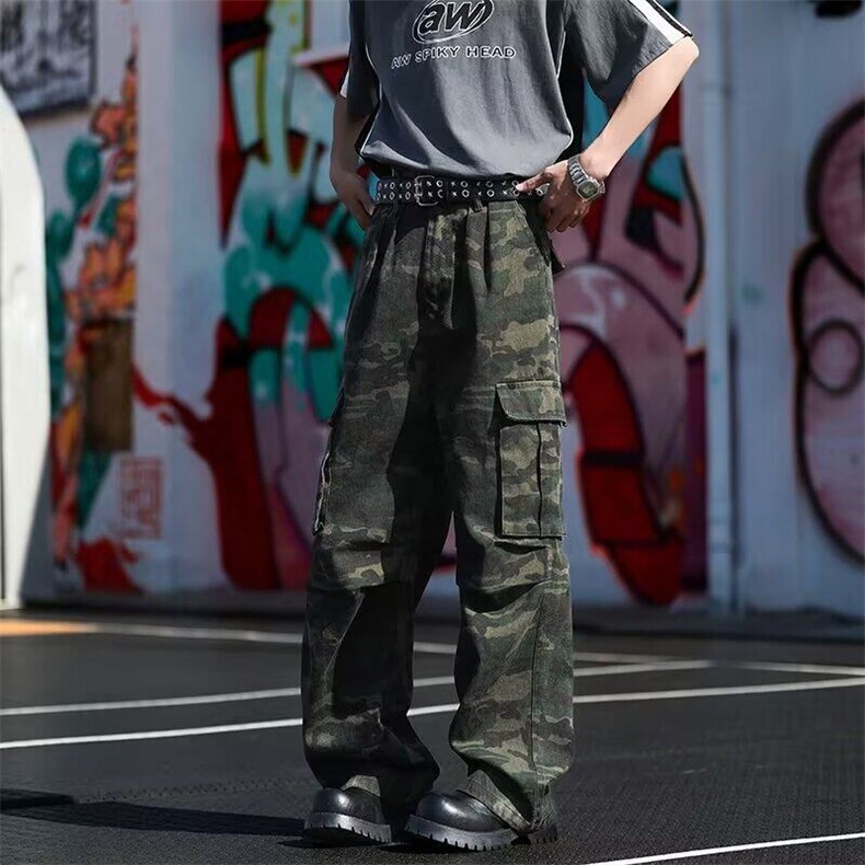 迷彩工装裤男款春秋高级感降落伞兵裤子宽松休闲阔腿裤7019P49,男装牛仔裤,星座410-2