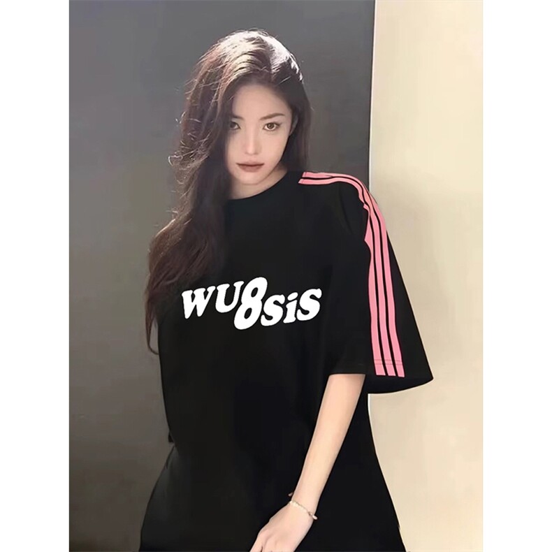 抖音得物品质二开240克宽松纯棉美式潮牌印花三条杠中性风短袖T恤,男装T恤,电商A486