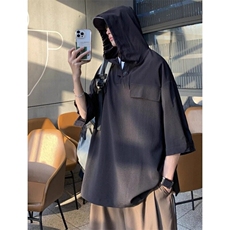 连帽套头短袖T恤男士休闲外套夏季设计感小众五分袖上衣，男装T恤，星座506A