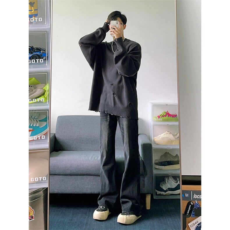 江浙沪穿搭修身微喇牛仔裤男美式高街vibe欧美直筒高腰黑色裤子秋图片