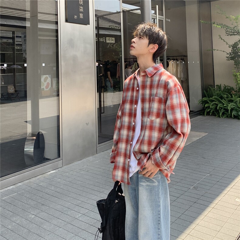 B413-1-DX883新款美式格子长袖衬衫男女休闲复古潮流宽松百搭衬衣,男装衬衫,电商B413-1