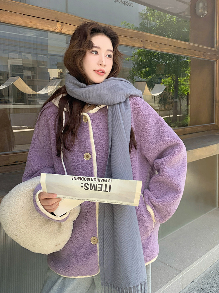 减龄紫色连帽皮毛一体羊羔毛外套女秋冬2025新款多巴胺巨好看超火,女装皮草,浙宝192（原082）