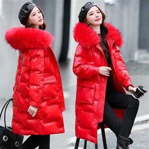 2021亮皮中长款修身加厚通勤拉链连帽纯色气质大毛领时尚潮棉衣，女装棉衣/棉服，艾仟回(原伊仟回)