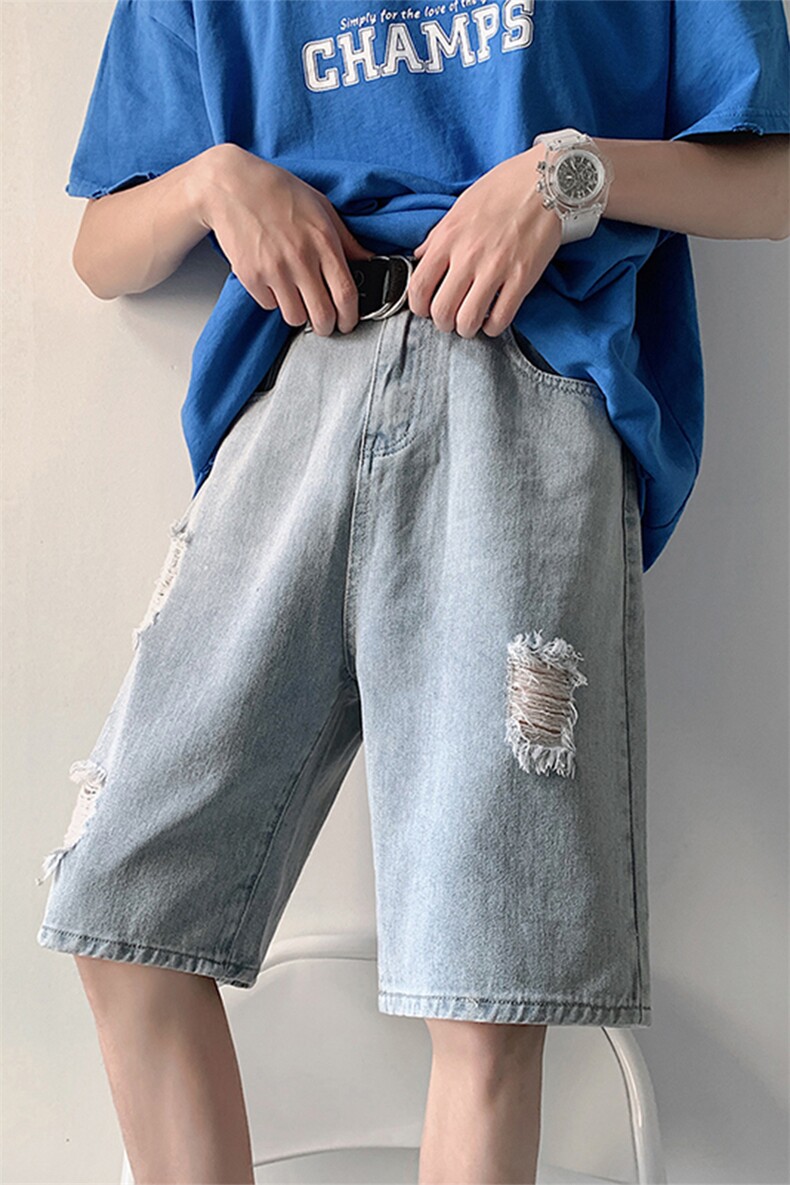 INS夏季男士韩版宽松破洞牛仔短裤港风潮牌五分裤子薄款,男装牛仔裤,电商A102B