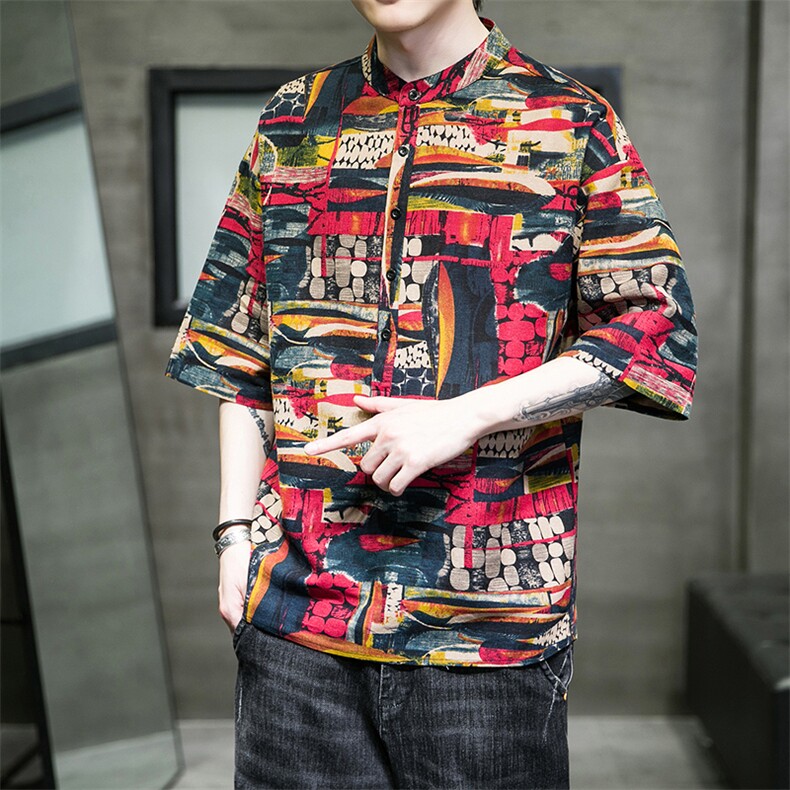 风2025夏季印花棉麻五分袖男休闲立领纽扣t恤N03-P40,男装T恤,星座815-1（原A203A）