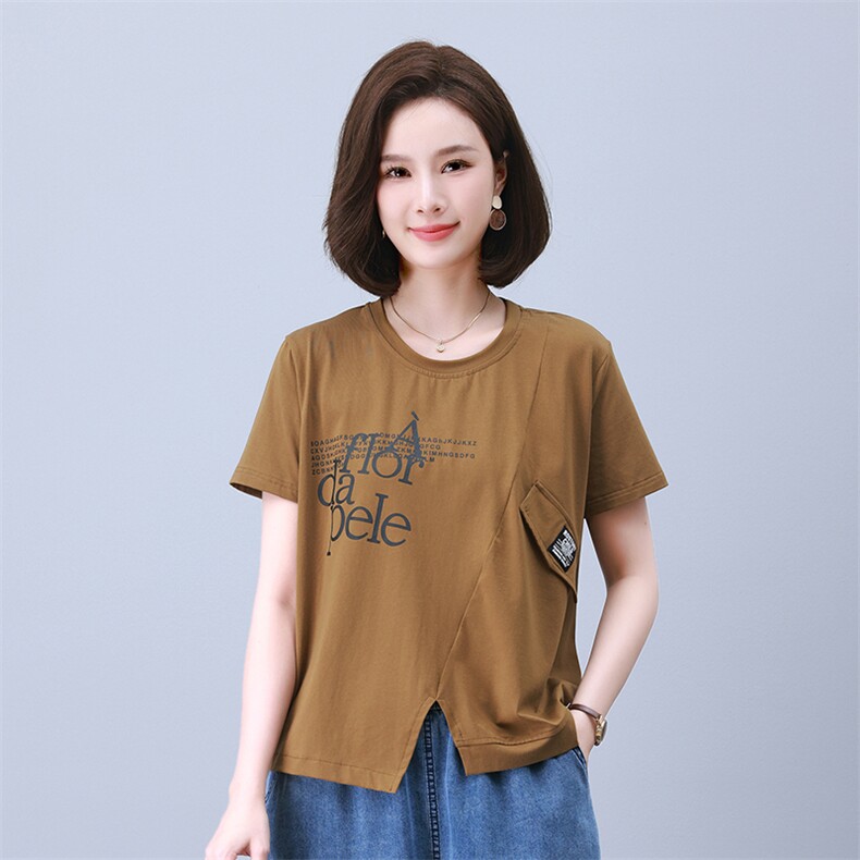 时尚宽松拼接印花短袖上衣舒适百搭显瘦T恤，女装衬衫，叶笙衣
