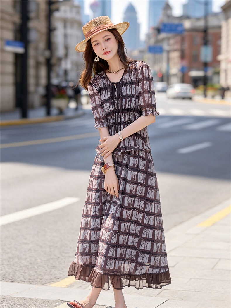 时尚休闲格纹显瘦系带上衣木耳边半裙超仙两件套女,女装套装/套裙,水衣源