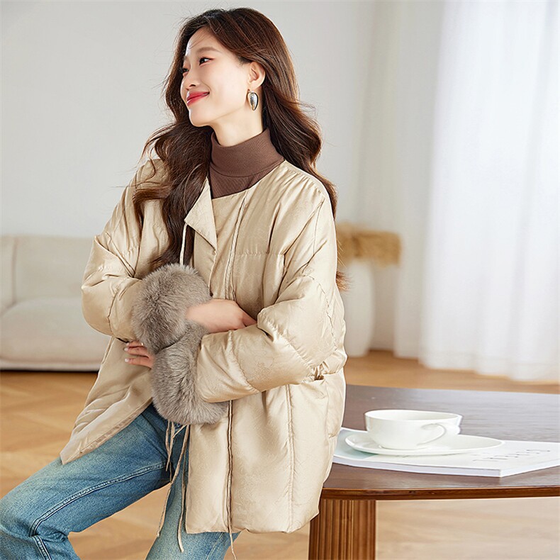 狐狸毛复古风提花羽绒服女2024新款冬季白鸭绒高级感新中式外套,女装羽绒服,浙宝281