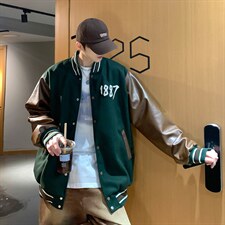 J60-P90 棋格呢料拼皮夹克图片