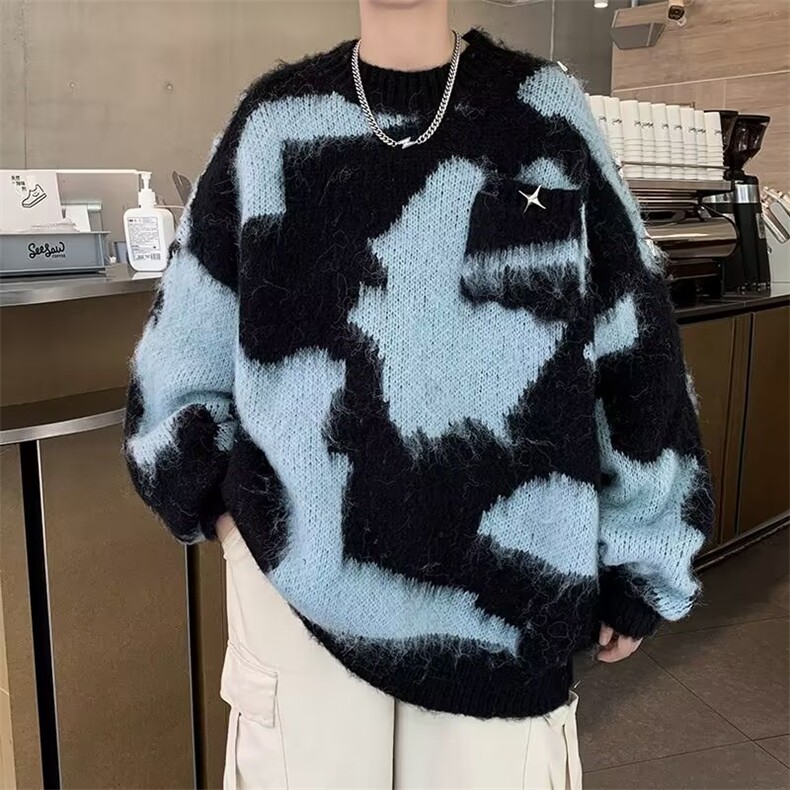 慵懒风扎染套头针织毛衣女2025秋冬季宽松显瘦水貂绒1372-P53,男装针织衫/毛衣,星座910-5