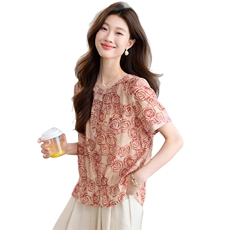 时尚印花圆领衬衫女2025新款夏季短袖洋气减龄高级感气质衬衣上衣，女装蕾丝衫/雪纺衫，简韵佳