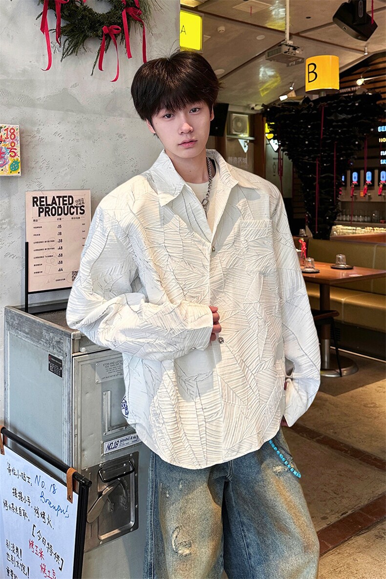 8XL-M小众解构肌理感裂纹垫肩花衬衫男高级感宽松衬衣男CS520P55,男装衬衫,电商D206-1