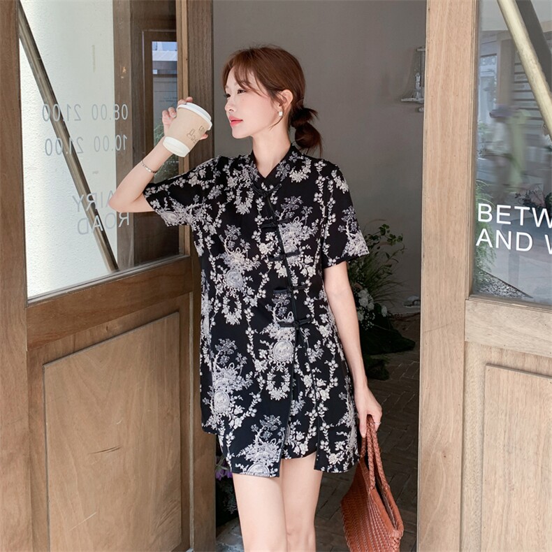 新中式国风印花盘扣上衣套装女2025年夏季新款百搭显瘦短裤两件套,女装套装/套裙,2C278