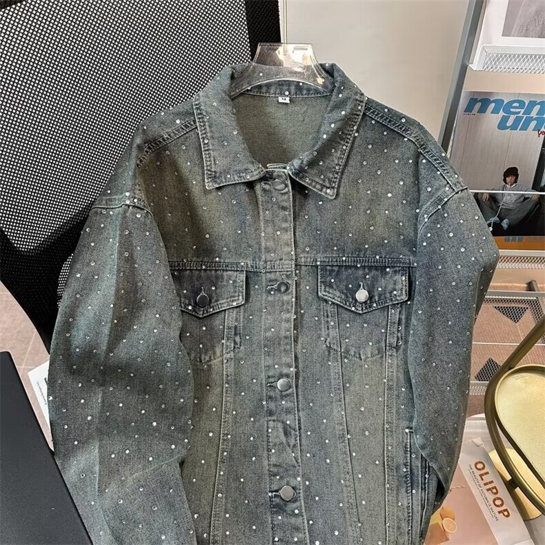 得物高品质巴黎家新款欧美嘻哈泼墨满钻牛仔外套潮牌宽松休闲夹克,男装工装外套,星座1013