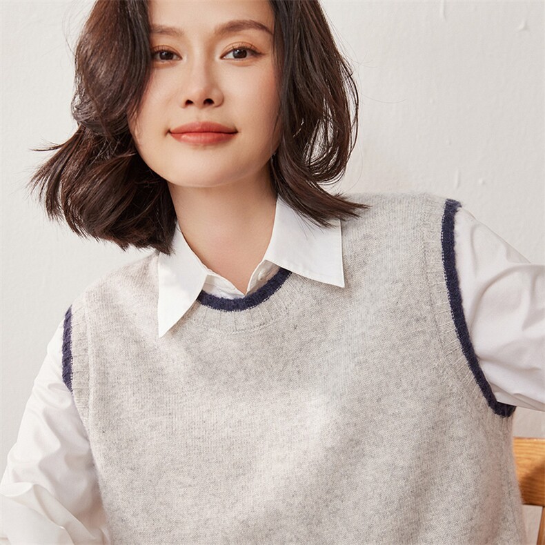 2025百搭时尚简约拼色圆领马甲羊绒衫,女装羊绒衫,雪真羊绒高端店