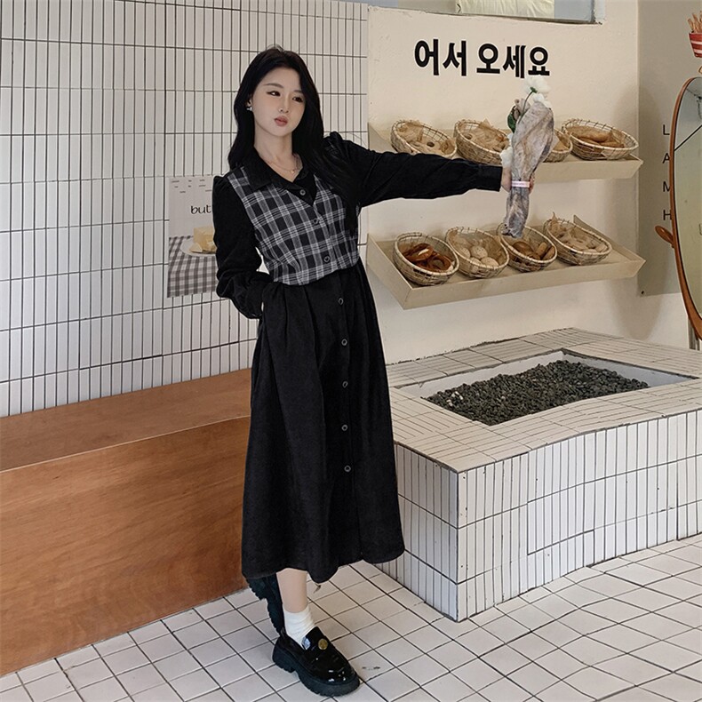 2024春装新款甜美设计感格纹假两件连衣裙P115K175,女装连衣裙,沫晗依美服饰