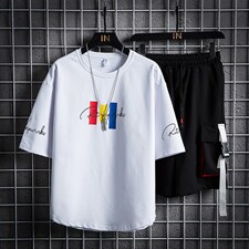 夏季潮男短袖T恤套装男宽松工装裤青少年两件套F179P70，男装休闲套装，电商A086