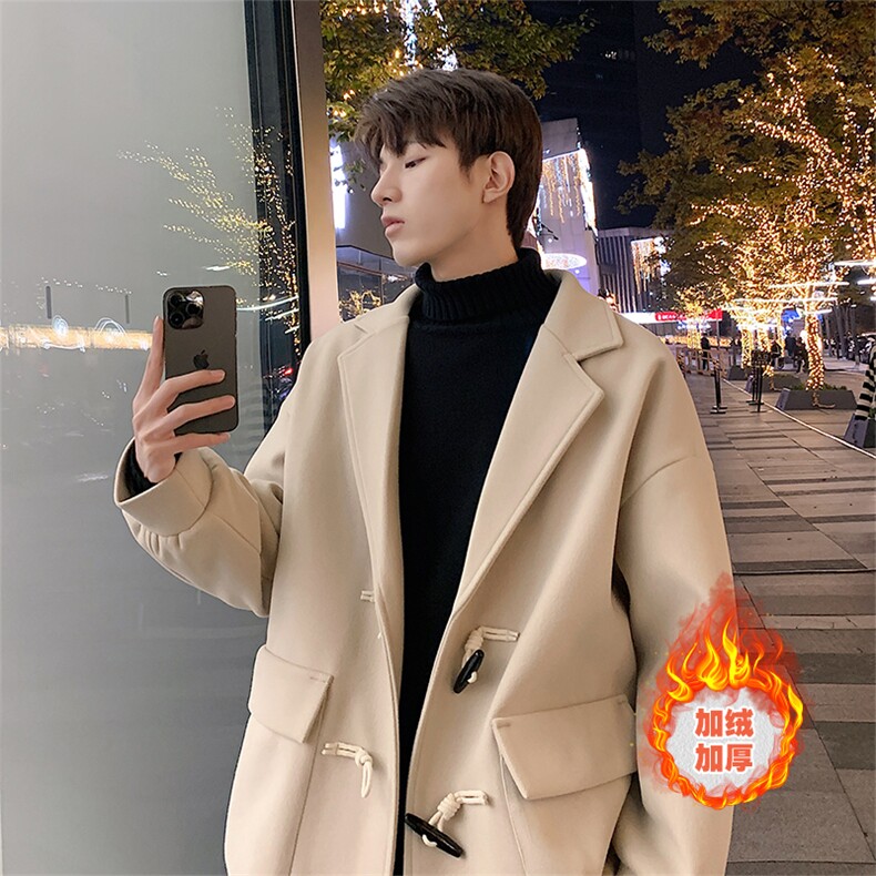 23冬季港风新款加绒加厚短款牛角扣毛呢大衣外套504-F13-P90控138，男装毛呢大衣，星座504