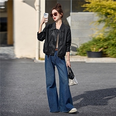 黄色可盐可甜减龄好看皮衣夹克上衣女春新款小个子休闲显瘦短外套，女装皮衣，江南女神