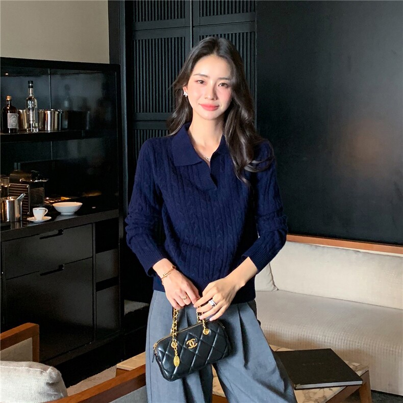 2025秋冬百搭时尚简约polo领翻领抽条针织衫,女装羊绒衫,玛卡隆羊绒