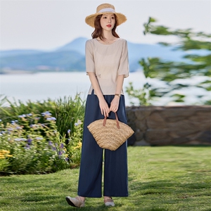 松弛感休闲棉麻套装女2025夏季盘扣设计收腰显瘦衬衫阔腿裤两件套图片