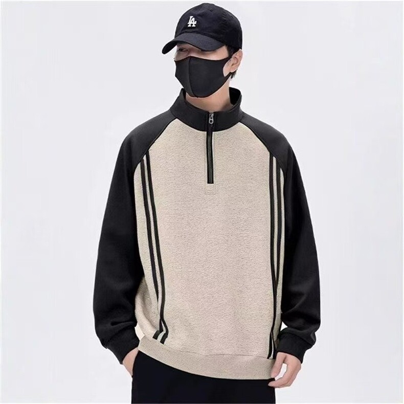 秋冬新款加绒加厚男士立领套头卫衣高级感拼接半拉链时尚拼色保暖图片