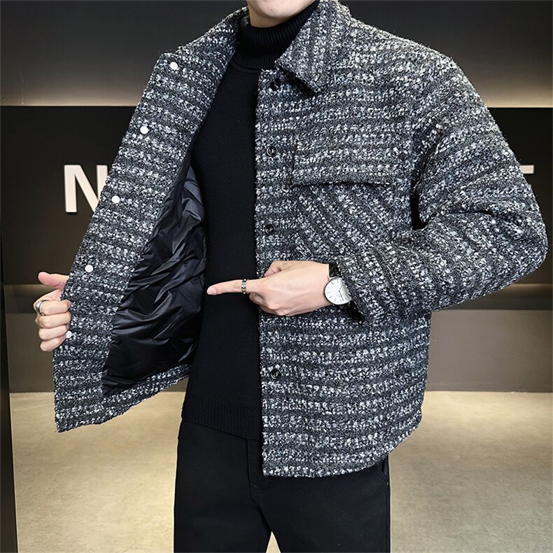 新标90绒店主风男士宽松翻领格子羽绒服小香风外套6801-P295,男装羽绒服,电商B328