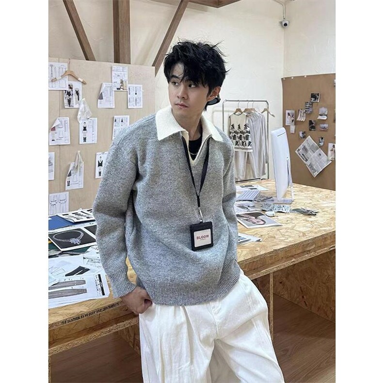 重磅北极绒假两件衬衫领毛衣美式高街复古休闲慵懒纯色翻领针织衫,男装针织衫/毛衣,电商A486