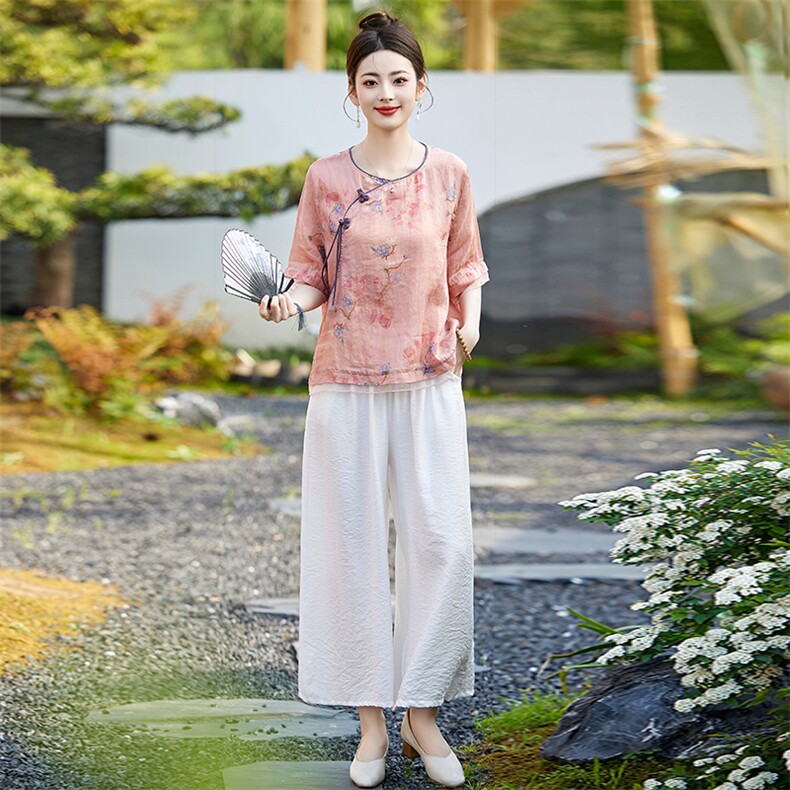 苎麻套装高端女装中式guo风印花上衣新款春夏季时尚棉麻阔腿裤,女装套装/套裙,衣之秀