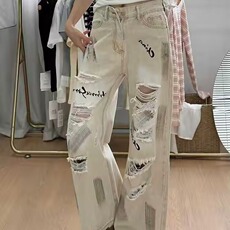 美式复古涂鸦字母破洞牛仔裤男女设计感cleanfit弯刀裤L60700-P58，男装牛仔裤，星座1008