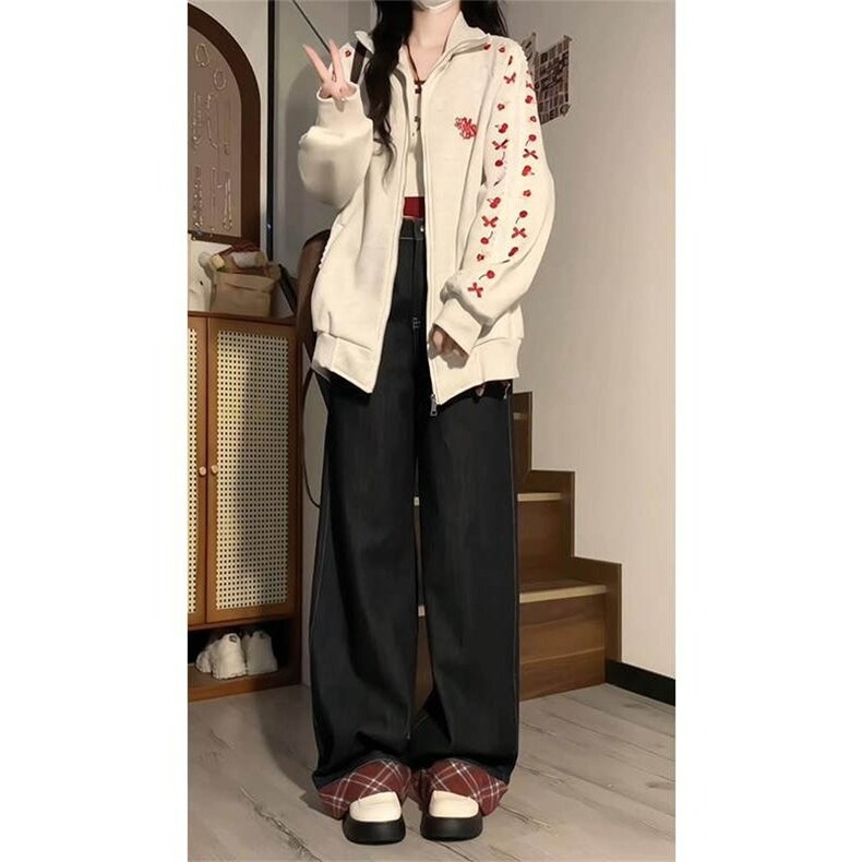 小花刺绣立领卫衣开衫男女新款2025新款宽松bf美式复古学院风外套,女装短外套,星座506A