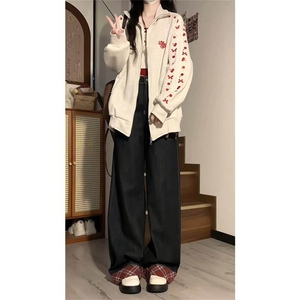 小花刺绣立领卫衣开衫男女新款2025新款宽松bf美式复古学院风外套图片