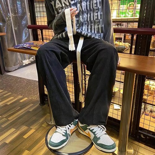 编织绳灯芯绒裤子男港风潮流感宽松直筒休闲裤A539P35图片