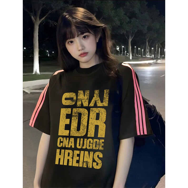 抖音得物品质二开240克宽松纯棉美式潮牌印花三条杠中性风短袖T恤,男装T恤,电商A486-1