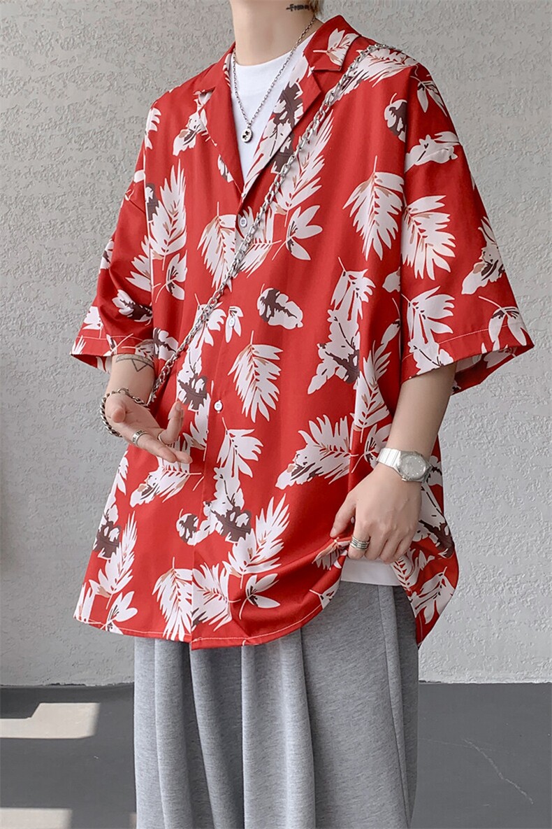 8XL-M冰丝凉感衬衣垂感透气复古花纹宽松男五分袖短袖衬衫CS526,男装T恤,电商D206-1