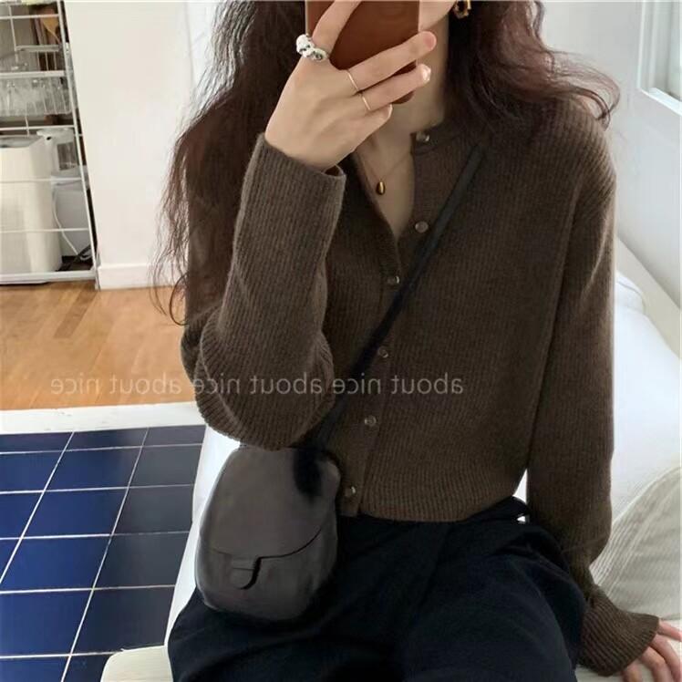 秋季新款舒适显瘦时尚百搭圆领坑条针织开衫,女装羊毛衫,恒恩羊绒