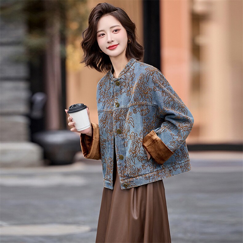 复古刺绣牛仔外套女2025年春秋新款设计感小个子百搭短款上衣,女装短外套,玖莱伊