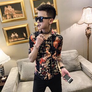 312A-901-P50 新款社会小伙修身中袖衬衫英伦潮州五分袖衬衣图片