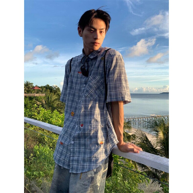 格子衬衫男夏季水果贴纸短袖衬衣设计感小众宽松上衣 C7017图片