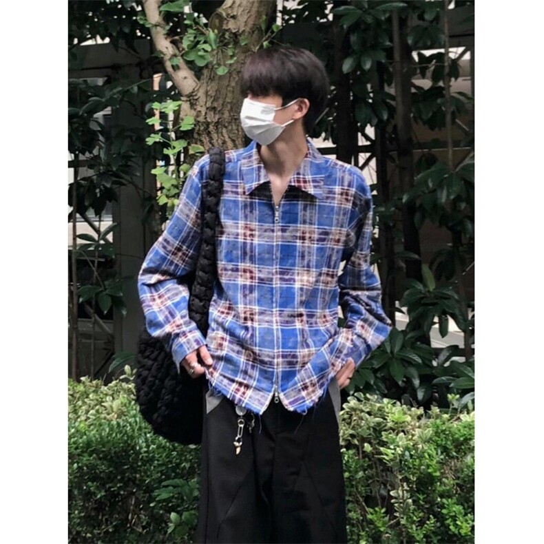 【有货】毛边破坏格子衬衫男长袖高级感拉链衬衣外套2503CC-特P45图片