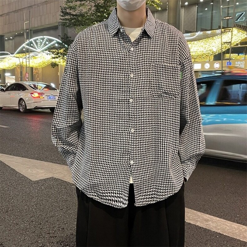 男士春秋季港风高街复古千鸟格上衣宽松大码百搭衬衣外套2227/P36,男装衬衫,星座506