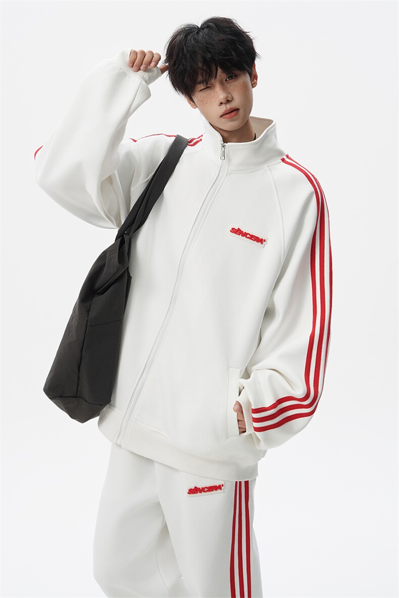 8XL-M条纹撞色开衫新年红卫衣运动套装潮牌运动服校园风TZ114P118,男装休闲套装,电商D206-1